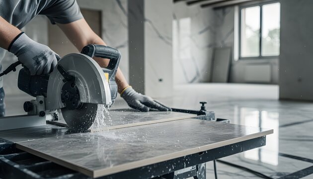 Builder using tile saw for ceramic tile cutting in a modern home renovation concept, professional contractor installing luxury flooring on a residential construction site