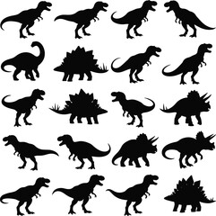 Silhouette dinosaur collection featuring T‑rex, Stegosaurus, Triceratops, and Brachiosaurus in black vector design for prehistoric themed graphics © Abdul