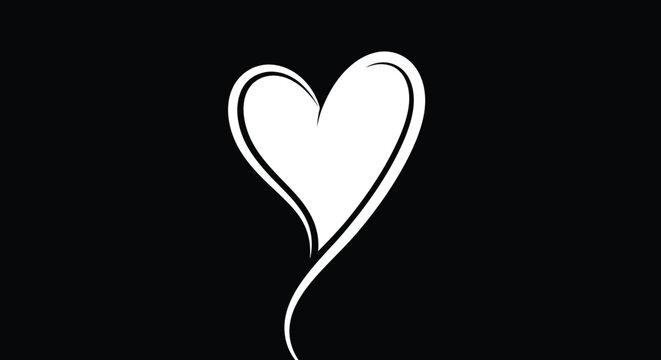 A simple white heart shape is prominently displayed against a stark black background conveying love