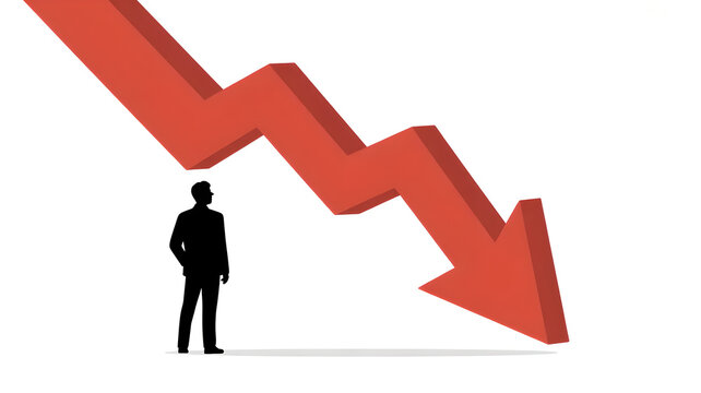 Stressed Businessman Silhouette Looking at Falling Red Arrow: Financial Crisis, Stock Market Crash, and Economic Recession Concept