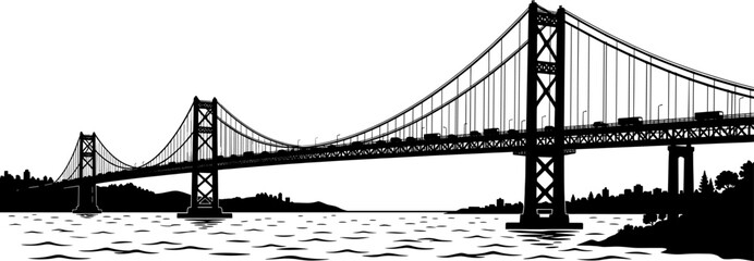 Fototapeta premium Long bridge silhouette crossing over a calm river with a city background