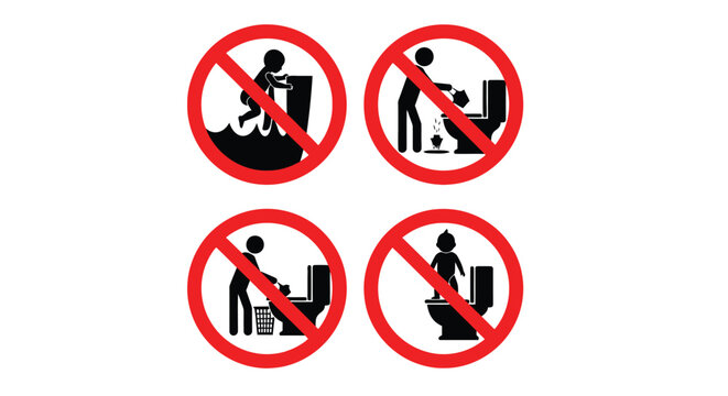Prohibited actions signage depicting individuals attempting to use toilets for non hygienic purposes high quality