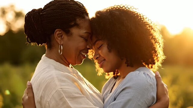 Madre e hija afroamericanas se abrazan con ternura al atardecer en un campo dorado; amor, gratitud y conexi&oacute;n familiar para campa&ntilde;as del D&iacute;a de la Madre y bienestar.