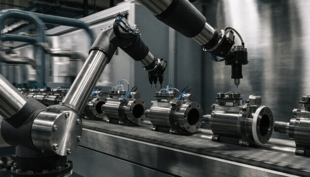 Medium shot of robotic arms assembling a compact endsuction pump precisely positioning parts on a highspeed conveyor in a modern automated factory setting. Medium shot of