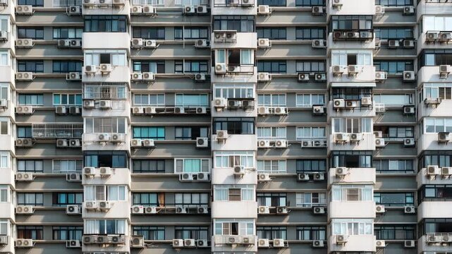 Modern residential building and apartment facade urban city with multiple air conditioner units, glass windows, and balconies showcasing contemporary