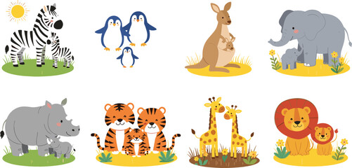 Cute wild animals collection with zebra, penguin, kangaroo, elephant, rhino, tiger, giraffe and lion families, cartoon safari wildlife vector illustration set © Mst
