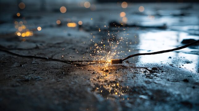 frayed. A frayed electrical wire dangles over wet concrete, sparks arcing from its exposed end. product launch decks, UI/UX mockups, designed for product launches and innovation pitches.