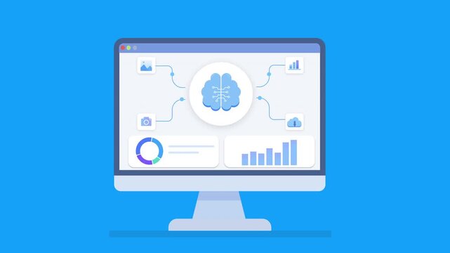 Clean animation of a desktop monitor displaying AI analytics dashboard with connected data workflow, nodes, and charts, representing machine learning and digital systems.