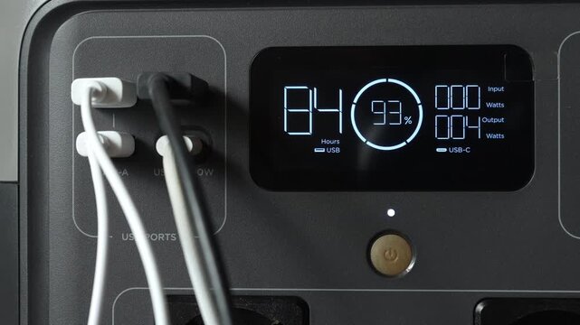 Close up of portable power station display showing battery level and multiple connected cables. Concept of energy monitoring, backup electricity and power management at home or office.