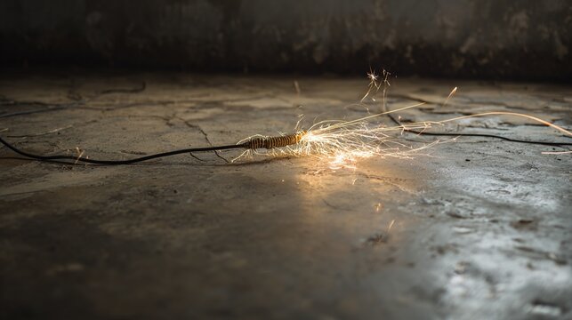 frayed. A frayed electrical wire dangles over wet concrete, sparks arcing from its exposed end. product launch decks, UI/UX mockups, designed for product launches and innovation pitches.