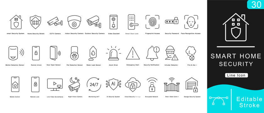 Smart Home Security Line Icons Set &ndash; Home Automation, CCTV Camera, Door Lock, Alarm System, IoT Protection Editable Stroke Vector