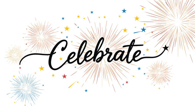 Festive celebrate typography design with colorful fireworks bursts and sparkling stars on a clean white background.