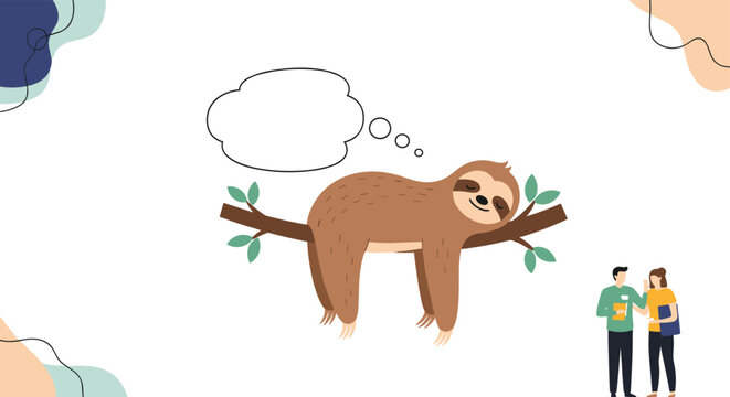 Whimsical illustration of a sloth sleeping on a tree branch while people walk below and a thought bubble floats above.