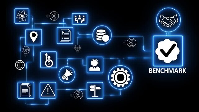 Performance benchmark analysis system with evaluation metrics and comparison workflow for business optimization and digital system.4K animation video.