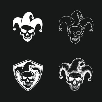 Jester Skull Vector Illustration Set. Four unique designs of human skulls wearing jester hats with bells, presented in white on a black background.