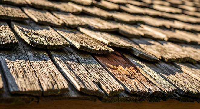 Weathered wooden shingle roof closeup.