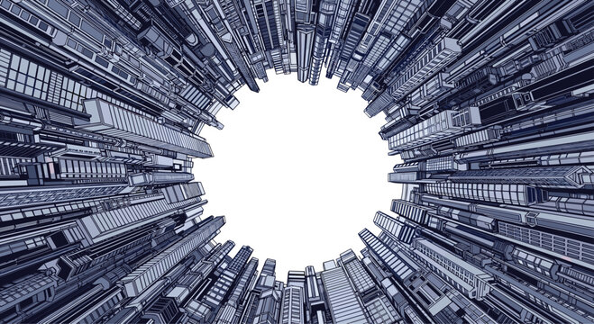 Dramatic fisheye perspective of a futuristic metropolis showing dense skyscrapers reaching towards a circular white opening in the sky.