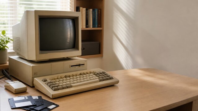 Vintage desktop computer with floppy disks on wooden desk