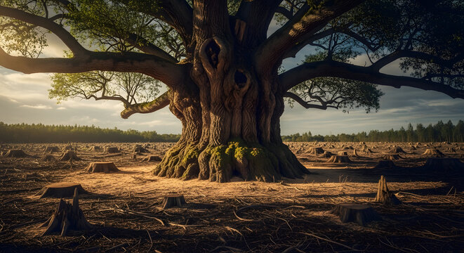 Majestic ancient oak tree stands resilient amidst a deforested landscape, a symbol of nature's enduring strength