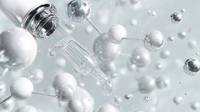 Cosmetic pipette with a drop of liquid on an abstract background with white and transparent molecules.