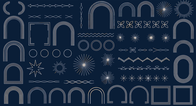 Large collection of minimalist white line art geometric shapes patterns and celestial symbols on a dark navy blue background.