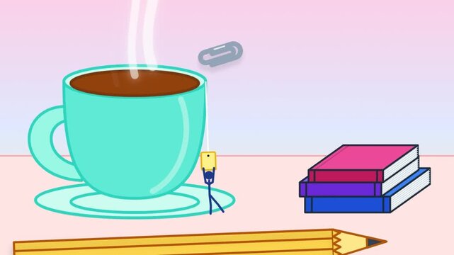 Animated cartoon of a tiny stick figure swinging on a tea bag from a steaming coffee cup on a desk with books and a pencil.