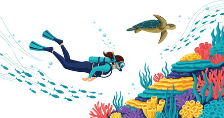 Female Scuba Diver Exploring Vibrant Coral Reef with Sea Turtle and Schools of Fish for Underwater Adventure Tourism Marine Life Conservation and Summer Vacation Designs © MstRoysha