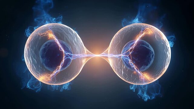 Cell division transparent cell nucleus plasma membrane glowing energy blue orange science biology microscopic dynamic abstract mitosis electricity