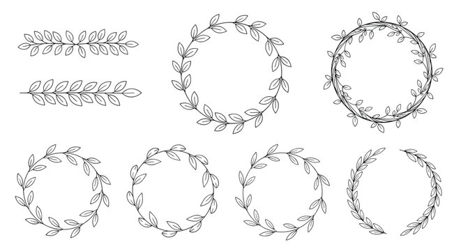 Collection of black and white hand-drawn laurel wreaths and leafy branches for decorative borders and wedding invitations.