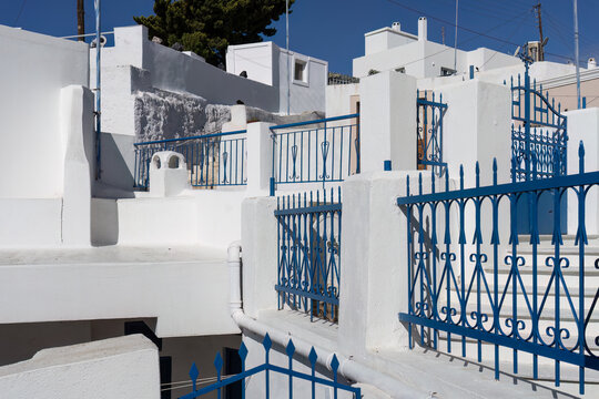 White houses and blue railings in Santorini, Greece