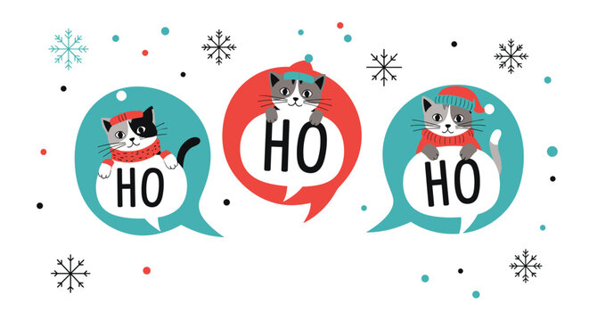 Three cute cats wearing winter hats and scarves appearing out of speech bubbles with the text ho ho ho for the Christmas holiday.