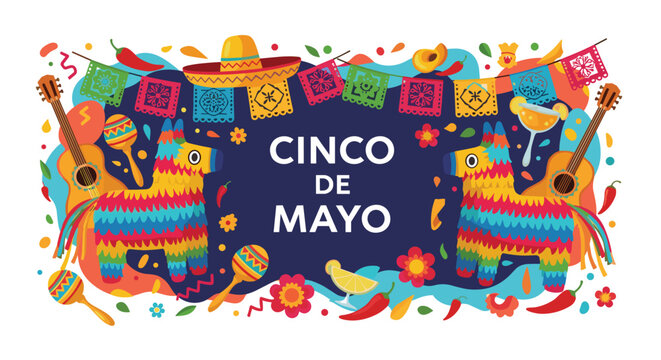 Vibrant Cinco de Mayo celebration banner with pinatas, sombreros, guitars, maracas, and festive Mexican decorations on blue.