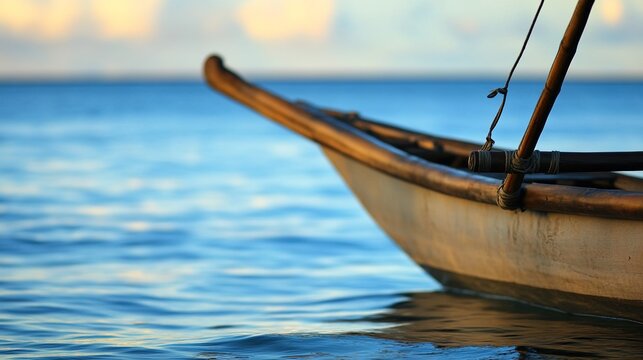 outrigger. Traditional Polynesian canoe on calm water with a wooden outrigger in golden light. event programs, museum guides, designed for cultural heritage projects and event programs.