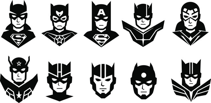 Black silhouette of superhero heads, various masks and costumes silhouettes white background