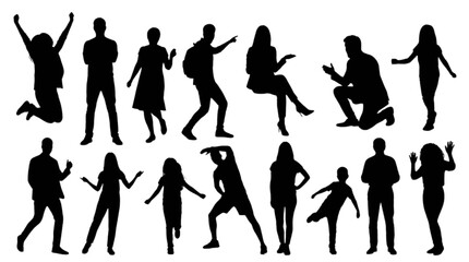 Fototapeta premium Silhouettes of people dancing and jumping isolated on transparent background, Vector