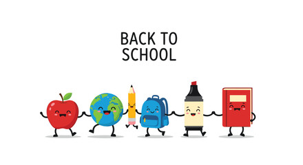 Fototapeta premium Cute cartoon school supplies like an apple, globe, and backpack are holding hands for a happy back to school celebration concept.