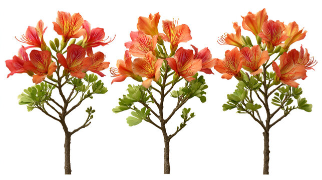 Set of 3 Spathodea campanulata (African Tulip Tree) isolated on a white background background perfectly cutout Stock Illustration