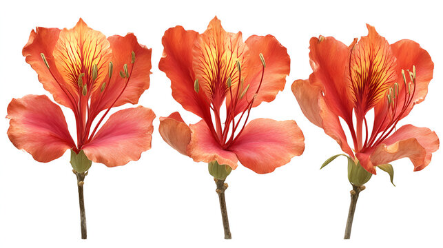 Set of 3 Spathodea campanulata (African Tulip Tree) isolated on a white background background perfectly cutout Stock Illustration