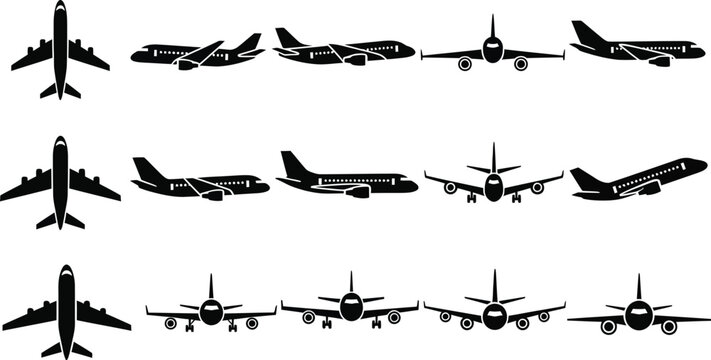 Black silhouettes of airplanes in various orientations white background, aircraft