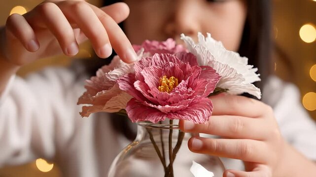 Ni&ntilde;a arreglando flores de papel hechas a mano en un jarr&oacute;n, regalo DIY para el D&iacute;a de la Madre, manualidades infantiles creativas y detalle artesanal con luces de fondo c&aacute;lidas.