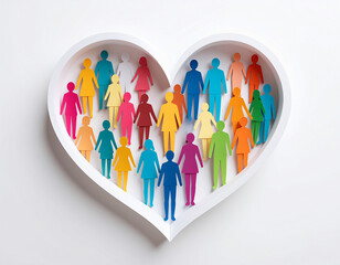 Figuras humanas de diferentes colores de papel dentro de un corazón blanco, concepto de familia, comunidad, unión, protección social, amor colectivo, diversidad, inclusión social ONG y bienestar