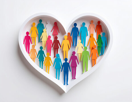 Figuras humanas de diferentes colores de papel dentro de un coraz&oacute;n blanco, concepto de familia, comunidad, uni&oacute;n, protecci&oacute;n social, amor colectivo, diversidad, inclusi&oacute;n social ONG y bienestar