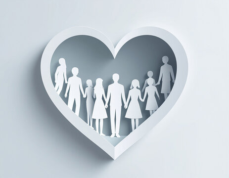 Figuras humanas de papel dentro de un coraz&oacute;n blanco, concepto de familia, comunidad, uni&oacute;n, protecci&oacute;n social, amor colectivo, diversidad, inclusi&oacute;n social ONG y bienestar