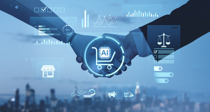 Business handshake between robot and human with digital commerce icons and futuristic interface in modern skyline technology concept.