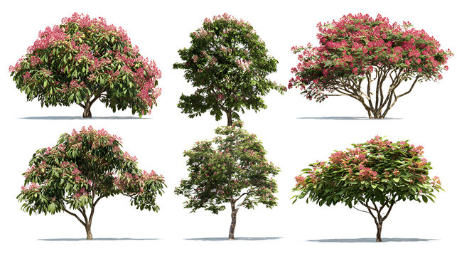Set of Rhus typhina and Clerodendrum trichotomum blossoming frontal street trees isolated on a white background background perfectly cutout Stock Illustration