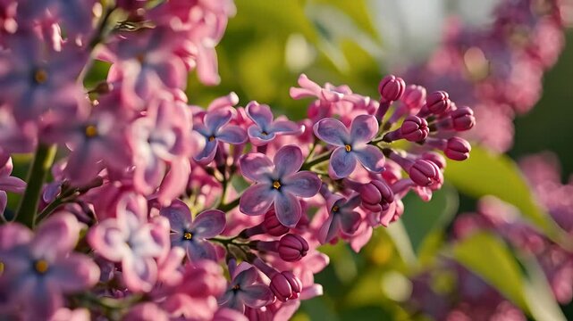 Flores de lila rosada floreciendo al sol de primavera, fondo natural rom&aacute;ntico ideal para el D&iacute;a de la Madre, celebraciones estacionales y dise&ntilde;o de tarjetas de felicitaci&oacute;n.