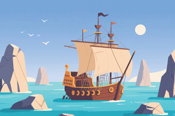 Large wooden sailing ship with cream sails navigating turquoise sea among rocky stacks at sunset. © HardTeam