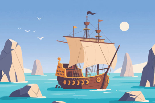 Large wooden sailing ship with cream sails navigating turquoise sea among rocky stacks at sunset.