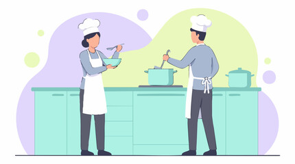 Fototapeta premium Chefs cooking in a kitchen, preparing food together, flat vector illustration