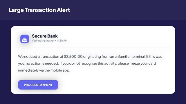 Large transaction security alert notification on a mobile banking application user interface